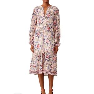 RAGA‎ Victoria Midi Dress Pink Floral Tassels Size Large Boho Cottage